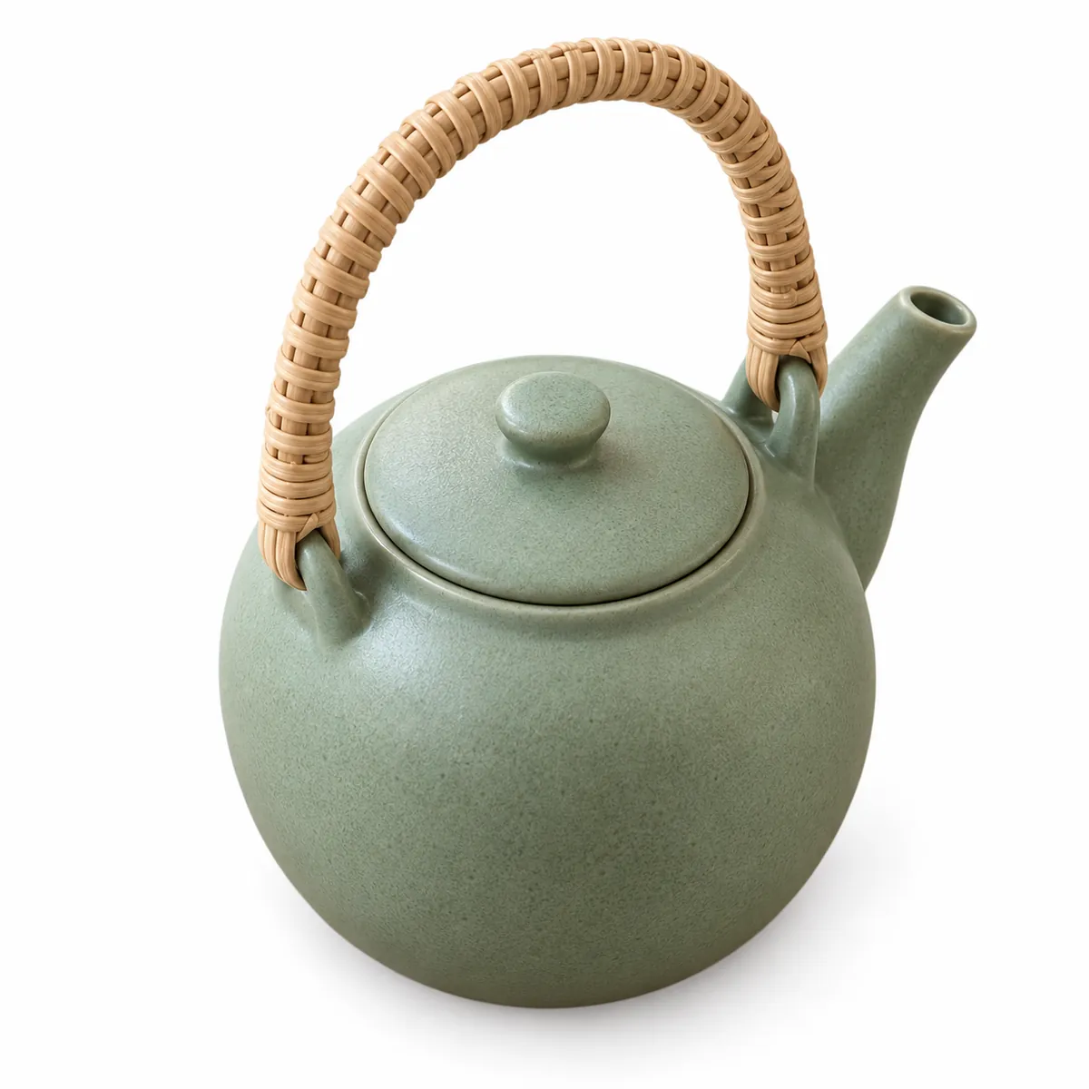 The same teapot seen from above and behind on white, showing the lid and the full rattan handle