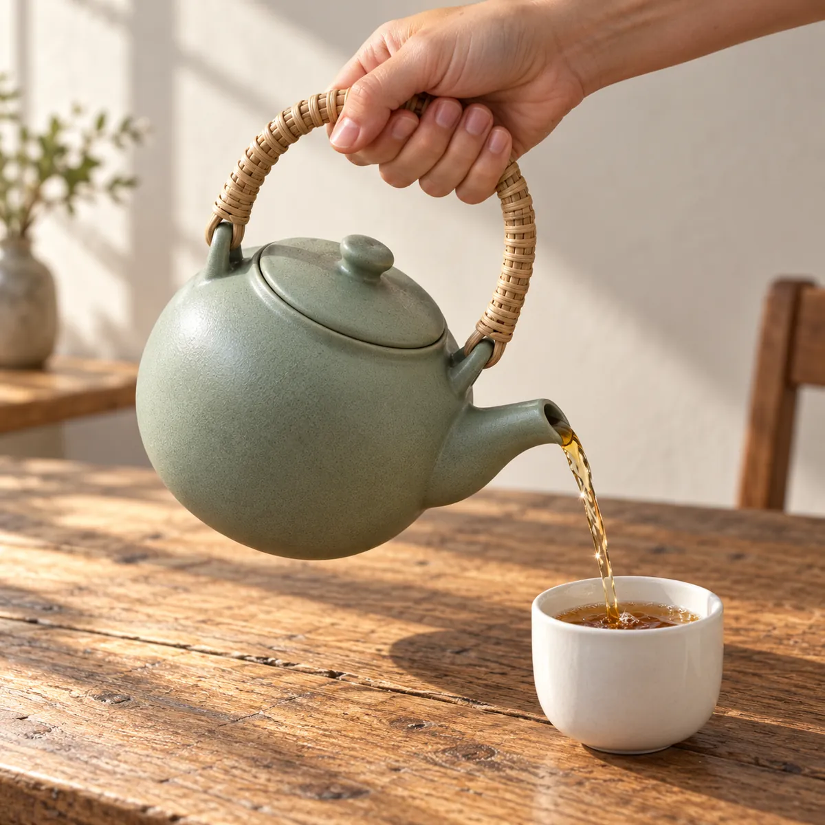 A hand holds the rattan handle and pours tea from the teapot into a small white cup