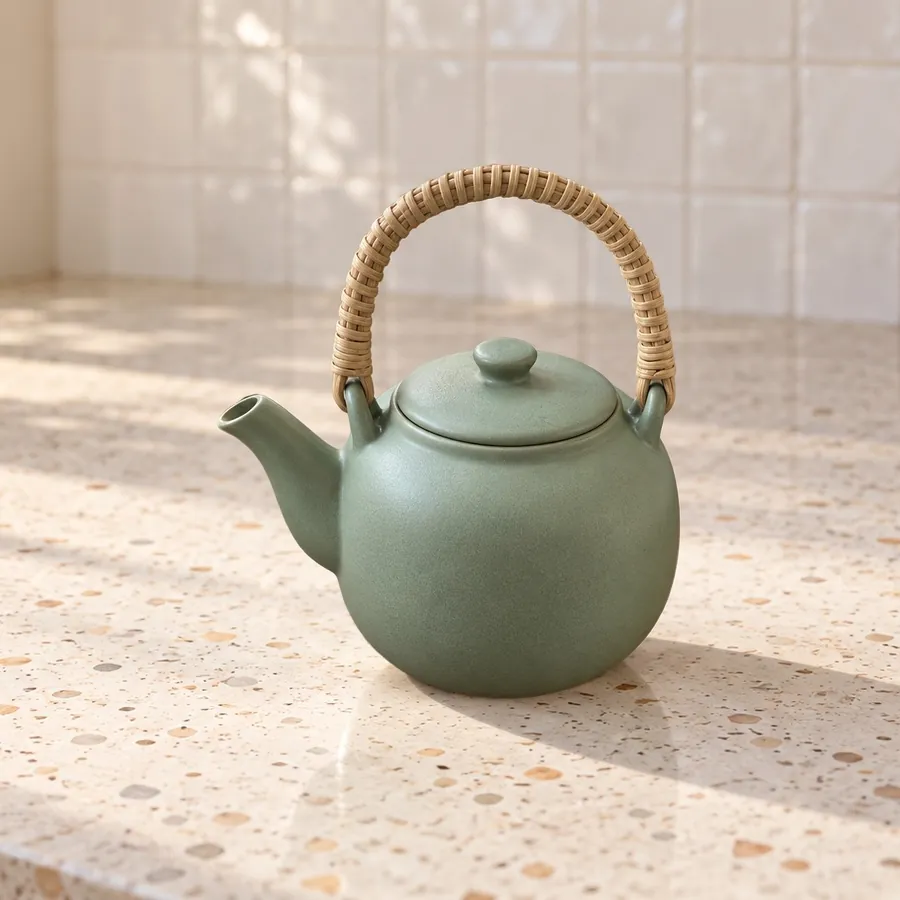 The teapot on a terrazzo kitchen counter in morning sun