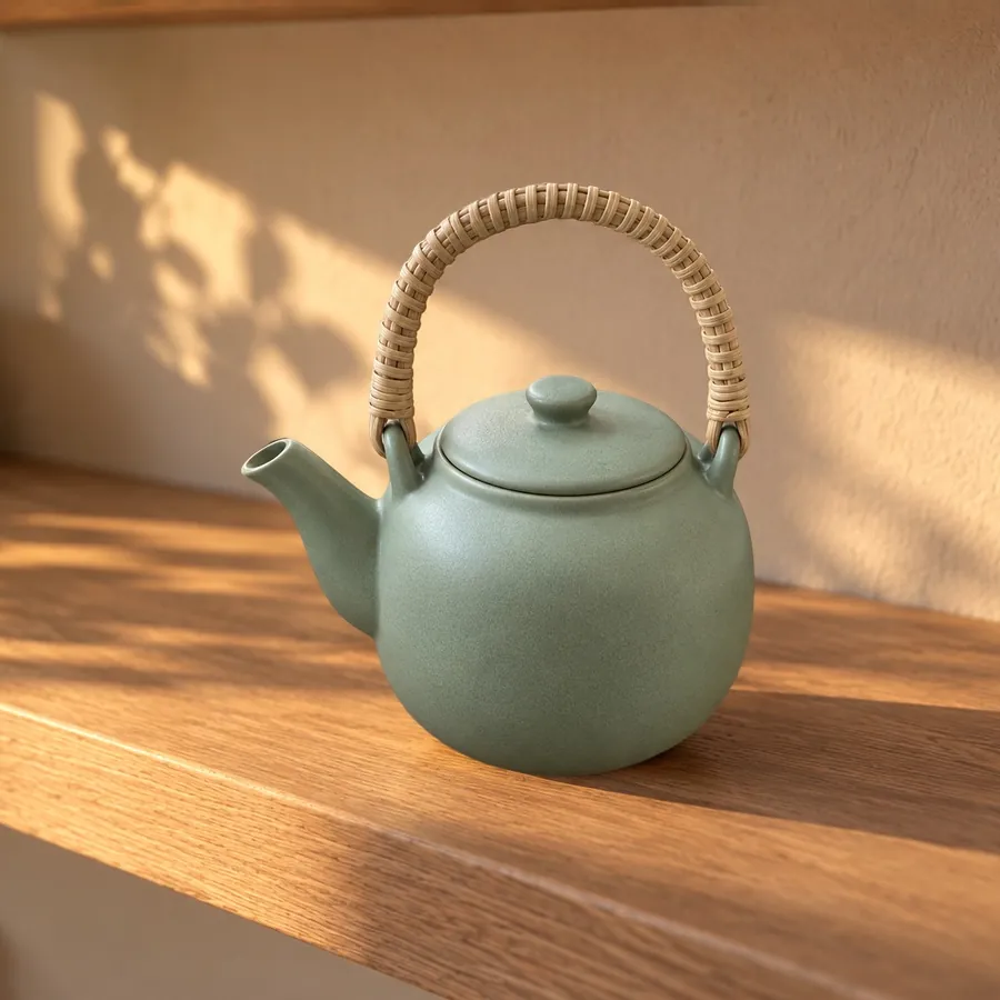 The teapot on a wooden shelf with warm late light and leaf shadows