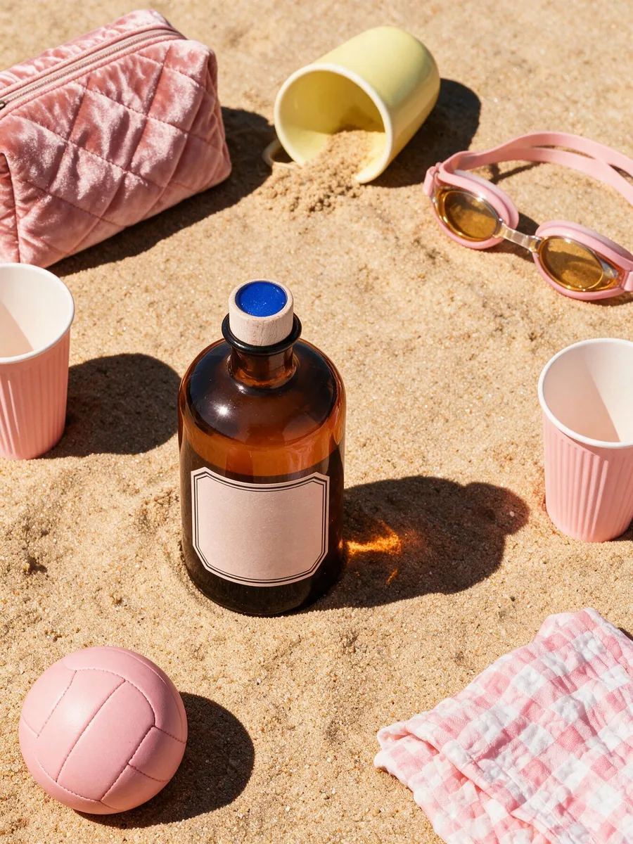 The apothecary bottle on a sandy beach, with a blue top added to the cork