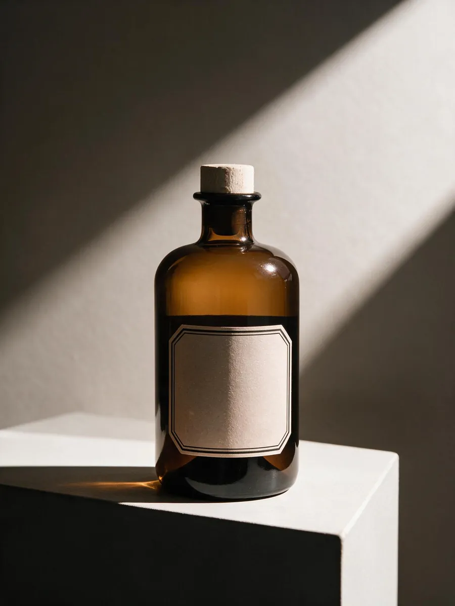 The apothecary bottle on a white plinth, amber glass and cork unchanged