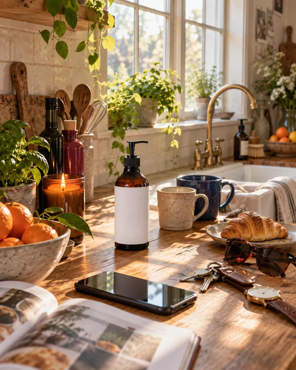 The same amber pump bottle by the sink surrounded by oranges, mugs, a phone, keys, a candle and other bottles