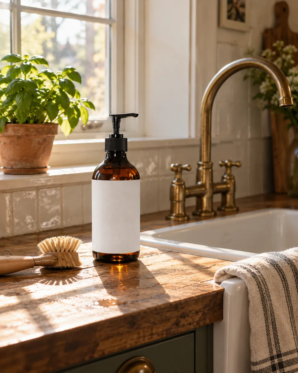 Amber pump bottle by a kitchen sink with a striped tea towel, a wooden dish brush and a pot of basil