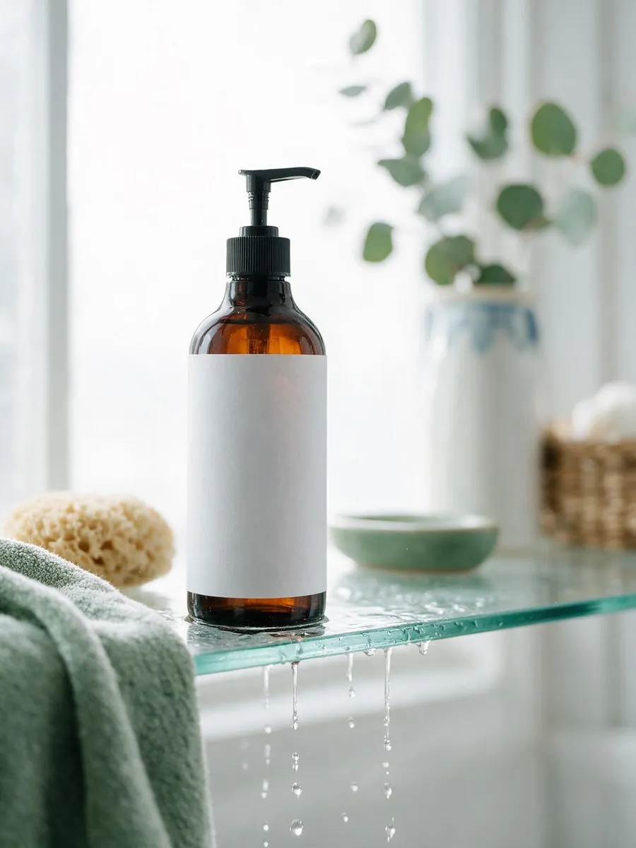 Amber pump bottle with a blank label on a wet glass bathroom shelf next to a green towel and a sea sponge