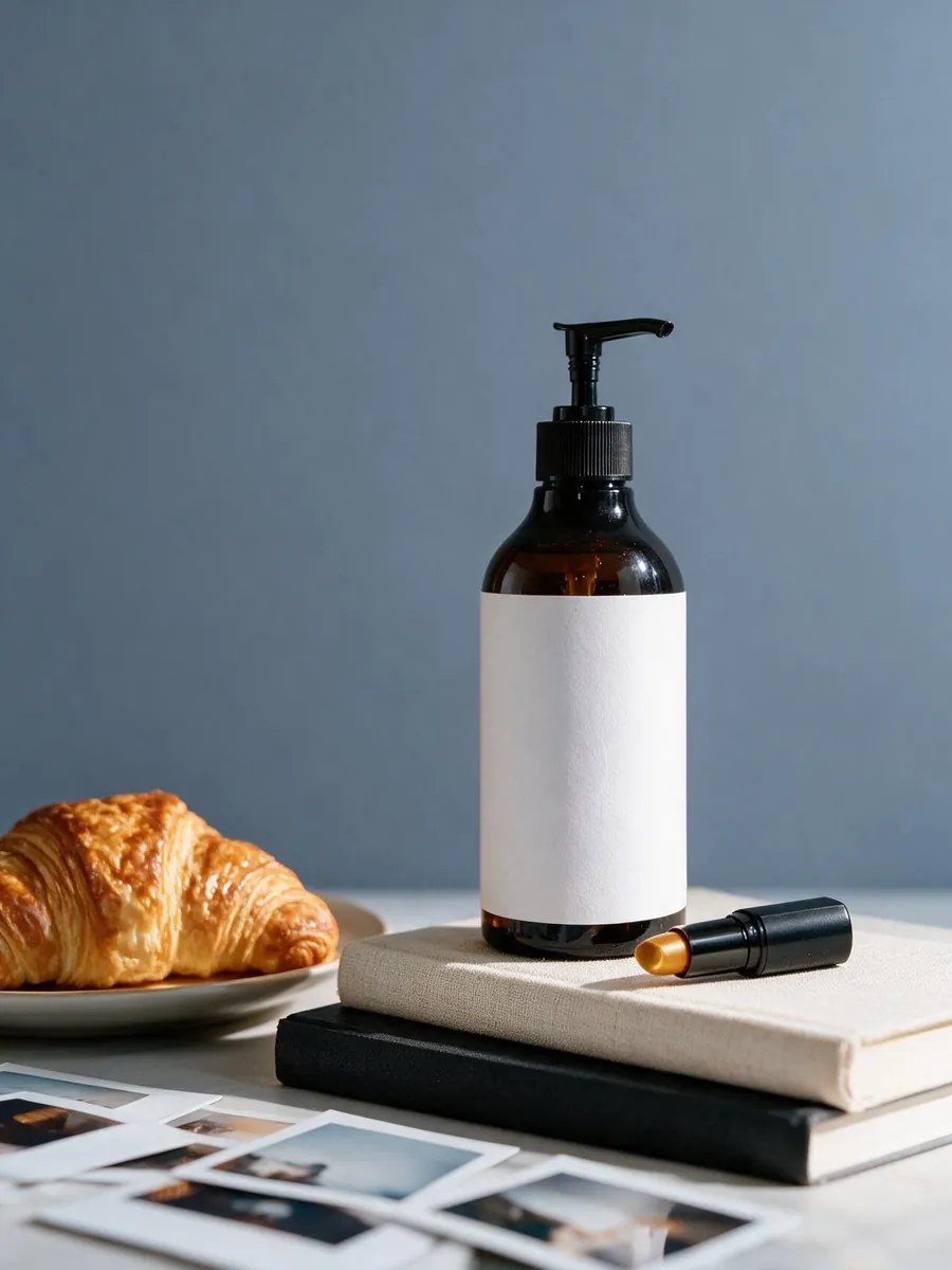 The same amber pump bottle on a stack of books beside a croissant, a lipstick and loose instant photos