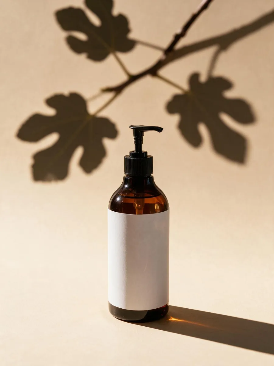 The same amber pump bottle on a beige surface under the shadow of a fig branch