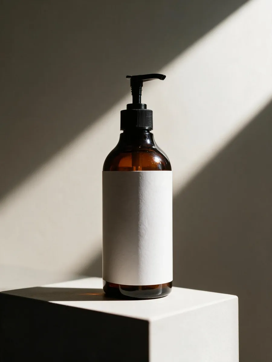 The same amber pump bottle on a white plinth with a diagonal strip of window light