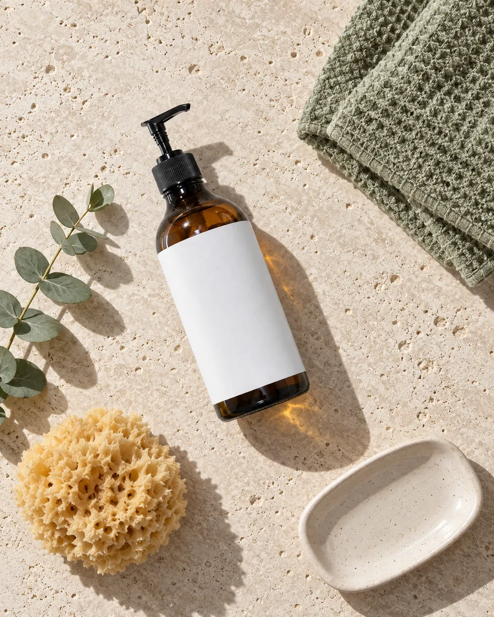 Top-down view of the amber pump bottle lying on travertine with a towel, sea sponge, eucalyptus sprig and soap dish