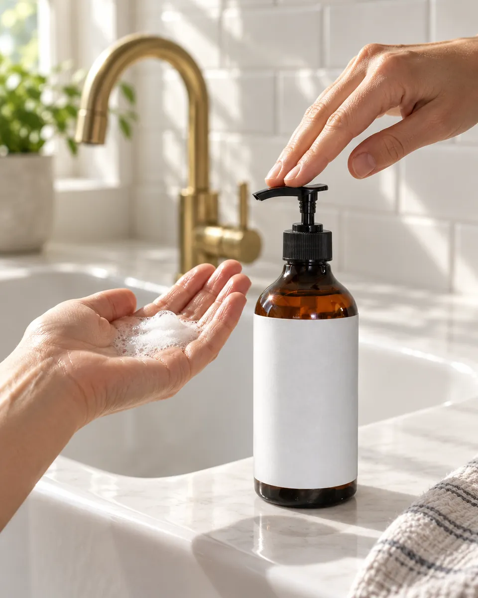 One hand presses the pump of the amber bottle while the other hand holds soap lather beside a white sink