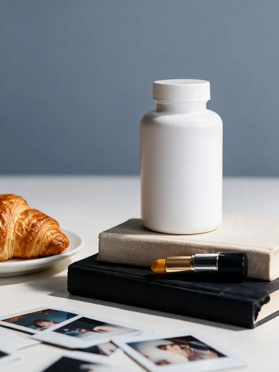 White supplement bottle on a stack of books beside a croissant on a plate
