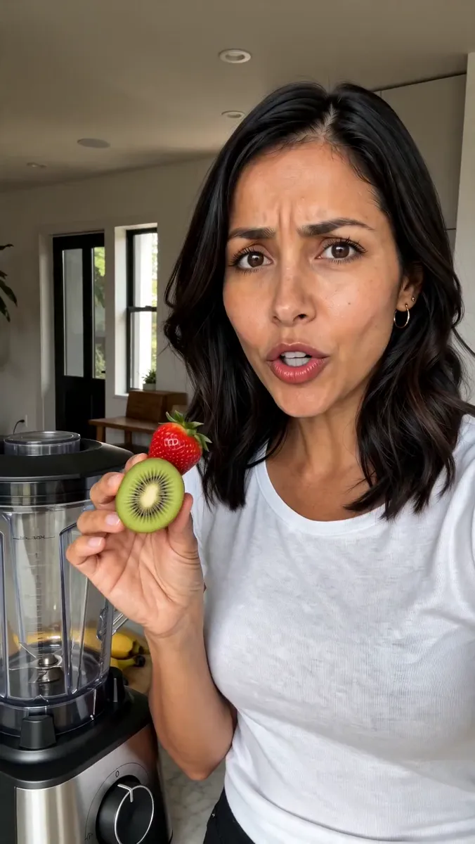 A woman frowns at the camera while holding a kiwi half and a strawberry next to a blender