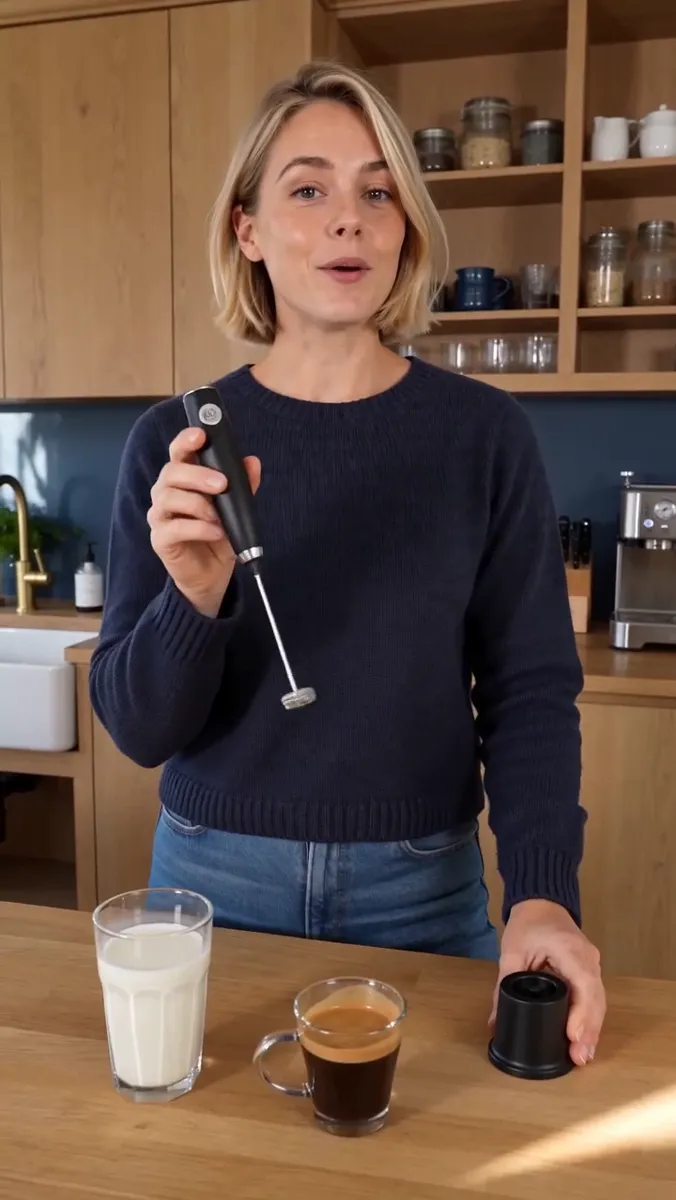 A presenter in a kitchen holds a black handheld milk frother beside a glass of milk and an espresso