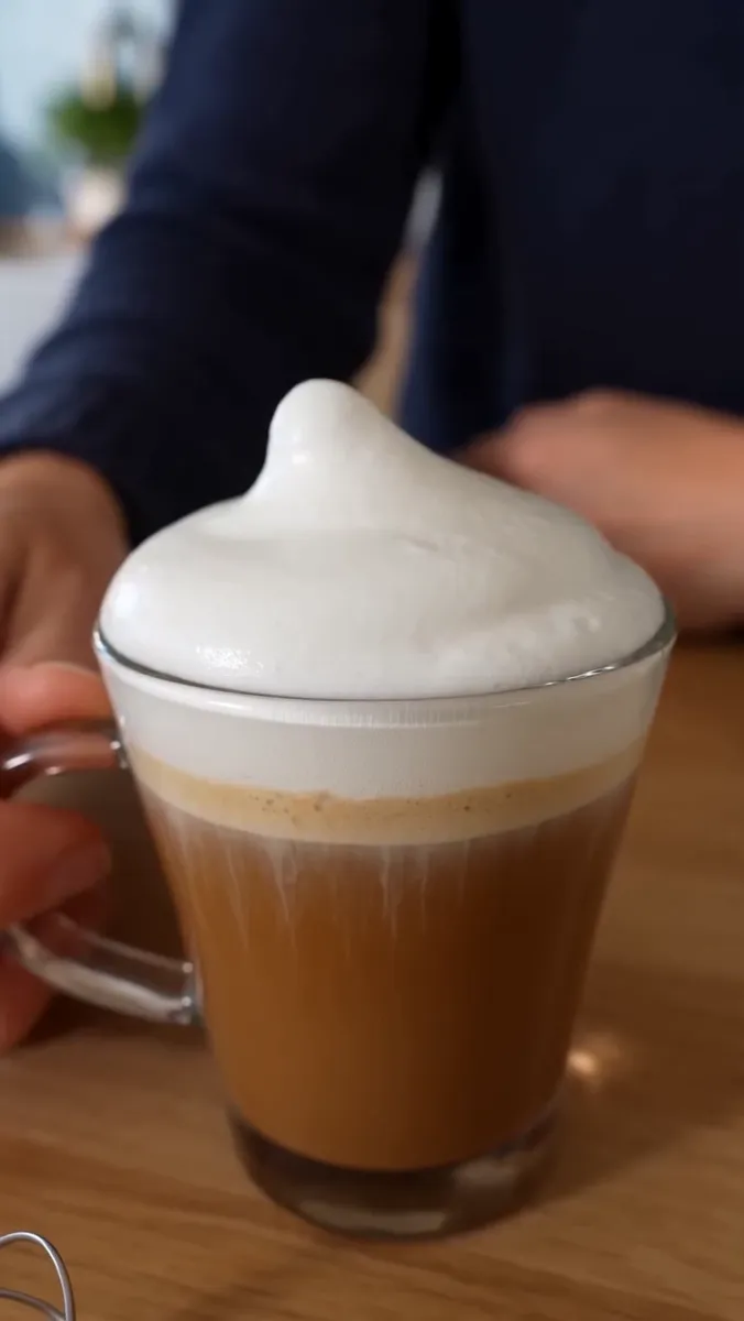A glass mug of coffee topped with a dome of white milk foam