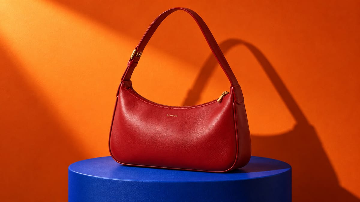 Red leather shoulder bag on a cobalt plinth against an orange studio wall