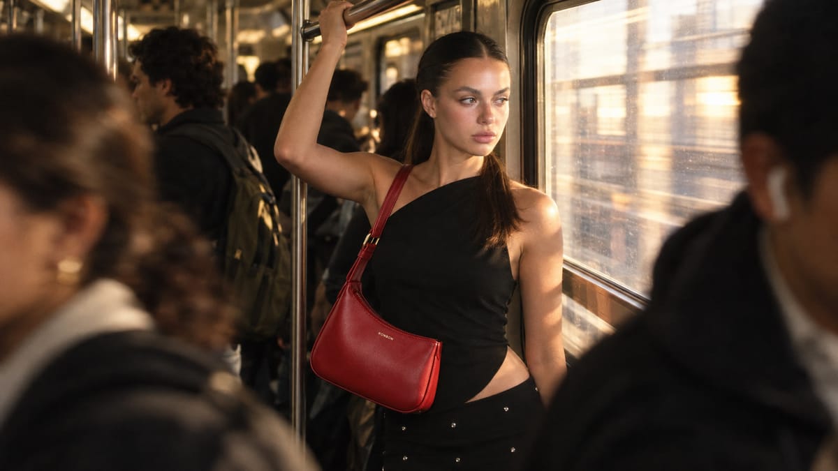 Metro platform shot of a red bag, expanded from 3:4 to 16:9