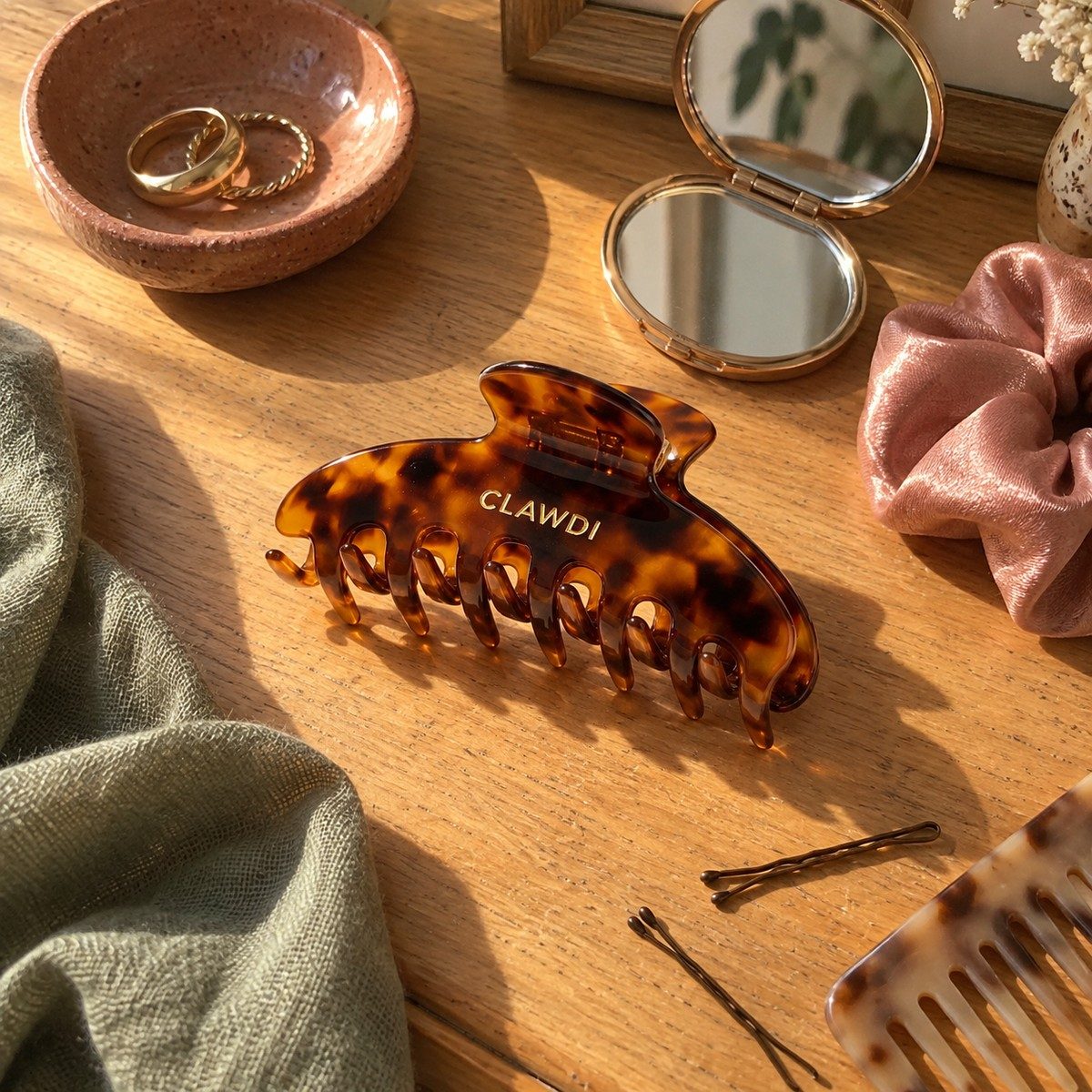 Phone photo of a tortoiseshell hair claw clip on a wooden dresser