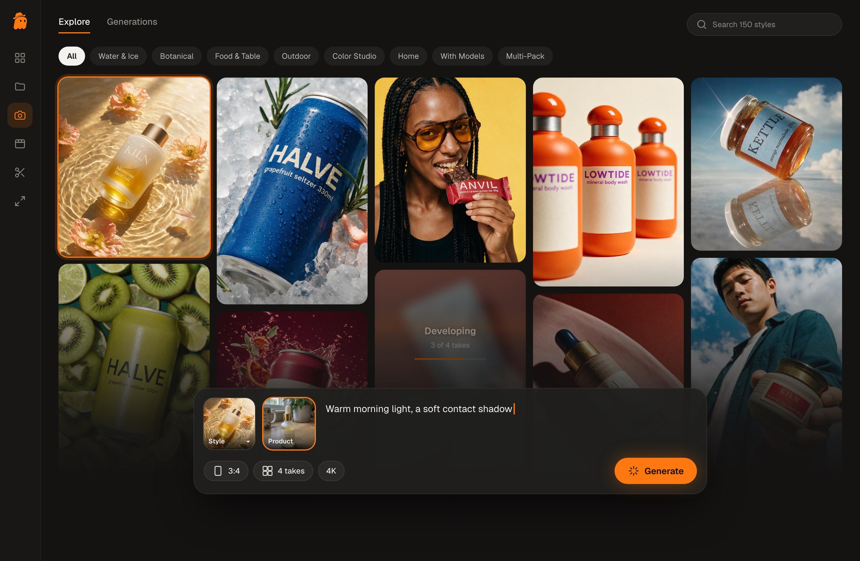 The ShelfPic studio: a wall of generated product photos, and a style, a phone snapshot of the product and a short brief in the composer bar