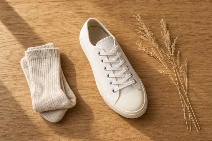 Flat-lay of the sneaker with socks and dried grasses