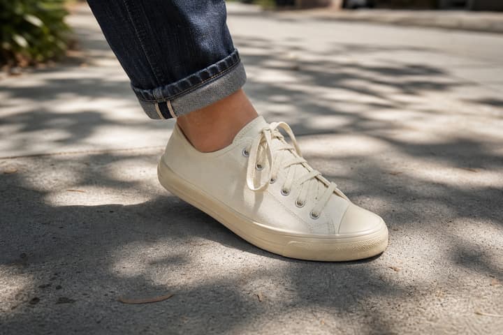 Lifestyle shot of the sneaker worn on a sunlit sidewalk