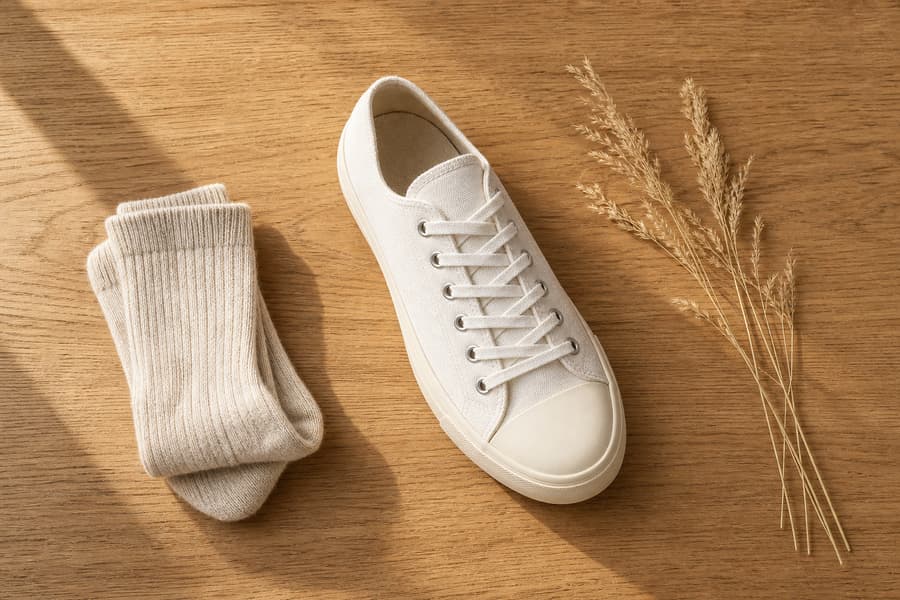 Flat-lay of the sneaker with socks and dried grasses